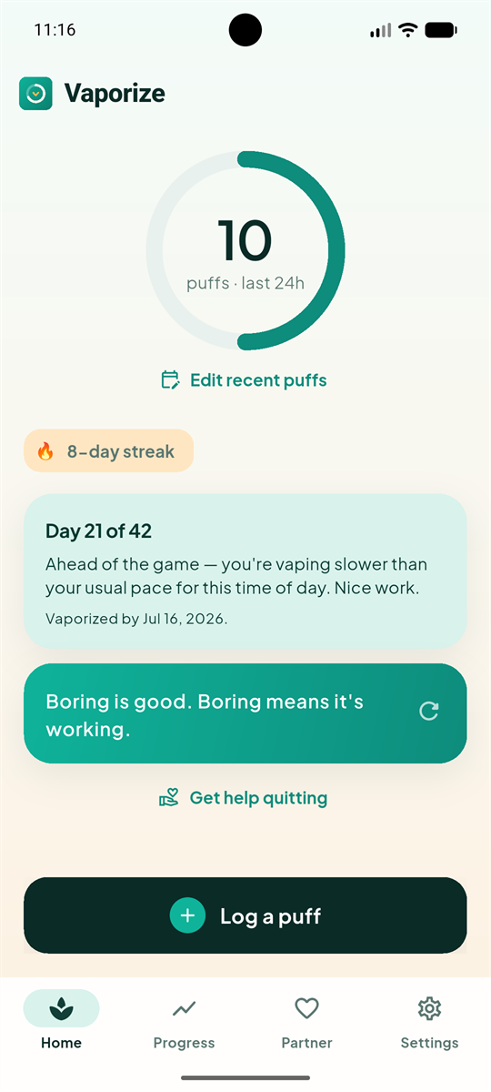 Vaporize home screen — today's puff count against a daily target