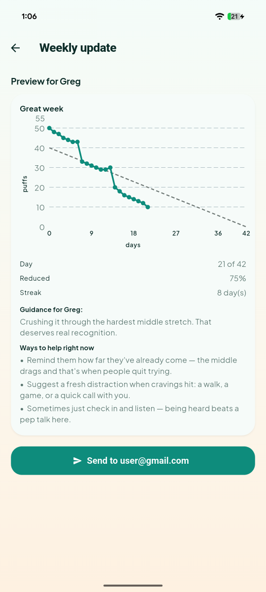 Vaporize wins screen — milestone badges and the accountability partner note